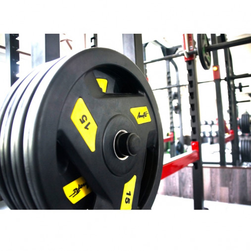 Олимпийский обрезиненный диск AeroFit 1.25 кг, черно-желтый. Посадочное кольцо из нержавеющей стали, Ø 51,5 мм