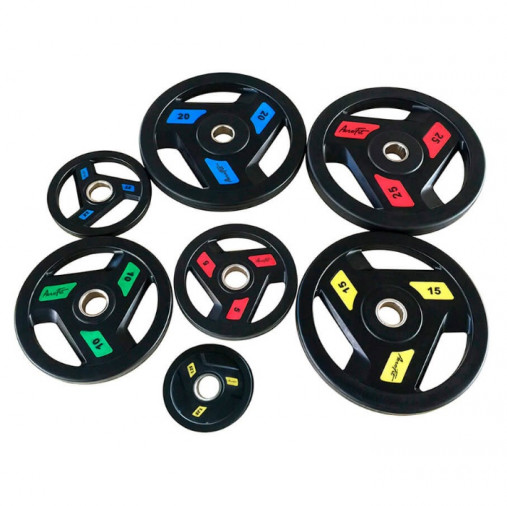 Олимпийский обрезиненный диск AeroFit 1.25 кг, черно-желтый. Посадочное кольцо из нержавеющей стали, Ø 51,5 мм