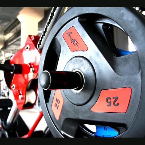 Олимпийский обрезиненный диск AeroFit 5 кг,черно-красный, с 3-мя хватами. Посадочное кольцо из нержавеющей стали, Ø 51,5 мм